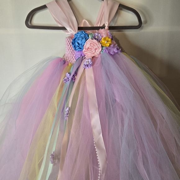 ANGEL TUTU Girls Pastel Floral Tulle  Dress With Satin Flower Embellishments - Picture 2 of 11